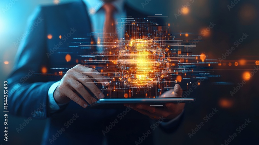 Poster businessman in suit using tablet to engage with glowing data globe symbolizing digital connectivity,
