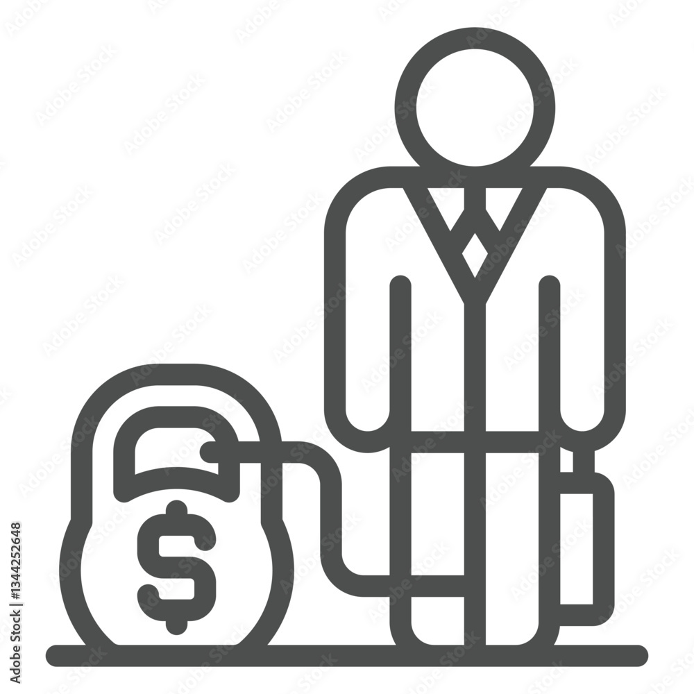 Poster kettlebell and man with briefcase line icon, global sanctions concept. vector graphics. dollar dumbb