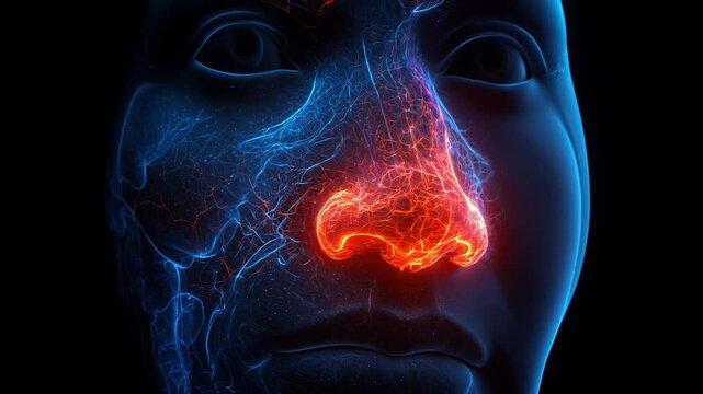 3d medical illustration, human nose with glowing sinuses highlighting nasal diseases and respiratory health. dark Blue background
