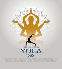 Inernational yoga day poster design with mandala pattern and human siluette standing on yoga pose