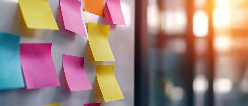 A colorful array of sticky notes on a board, illuminated by sunlight, suggesting brainstorming or planning activities in a collaborative workspace.