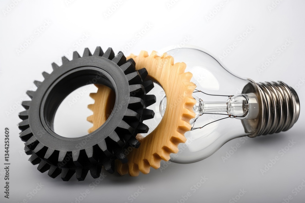 Poster interlocking gears and a lightbulb symbolize innovative ideas, ingenious solutions, and collaborativ