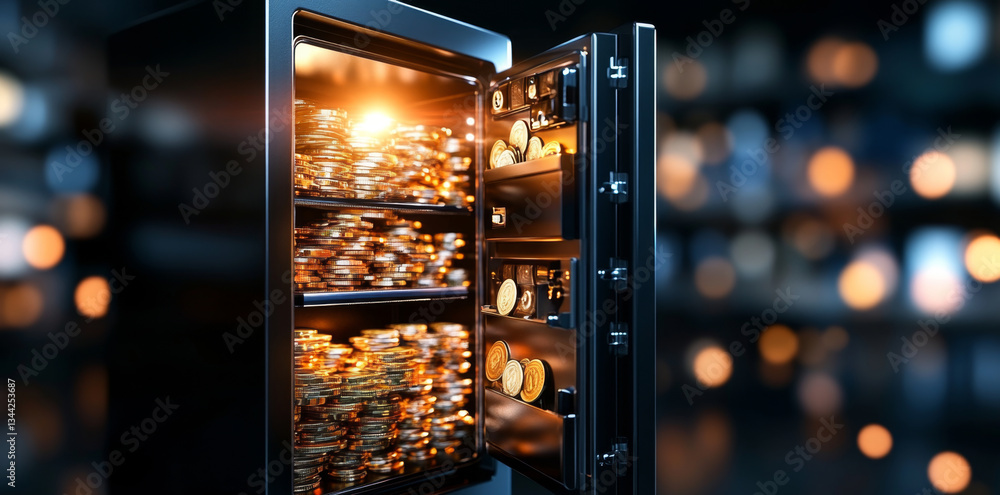 Aufkleber a sturdy black safe is open, revealing a wealth of coins and gold stacked neatly inside. the interio