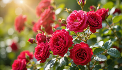 Fototapeta premium Vibrant red roses blooming in a sunny garden