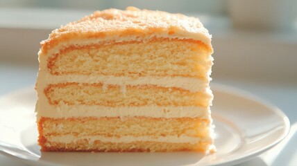 Three-Layered Cake Slice with Creamy Frosting on White Plate