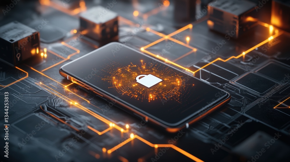 Aufkleber smartphone on circuit board displaying glowing padlock icon encircled by data streams symbolizing mo