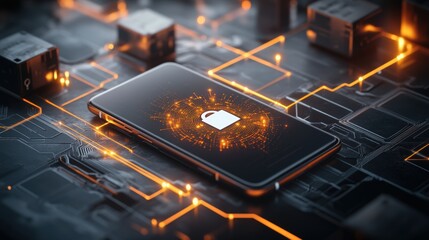 Smartphone on circuit board displaying glowing padlock icon encircled by data streams symbolizing mobile device security and protection of information