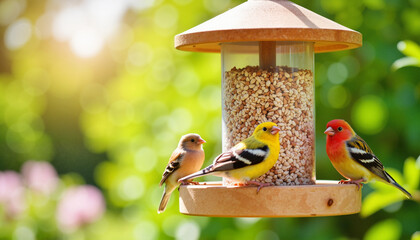 Colorful birds feeding at a bird feeder in a sunny garden