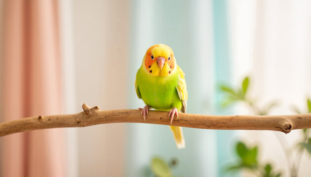 Colorful lovebird perched on branch in a bright room