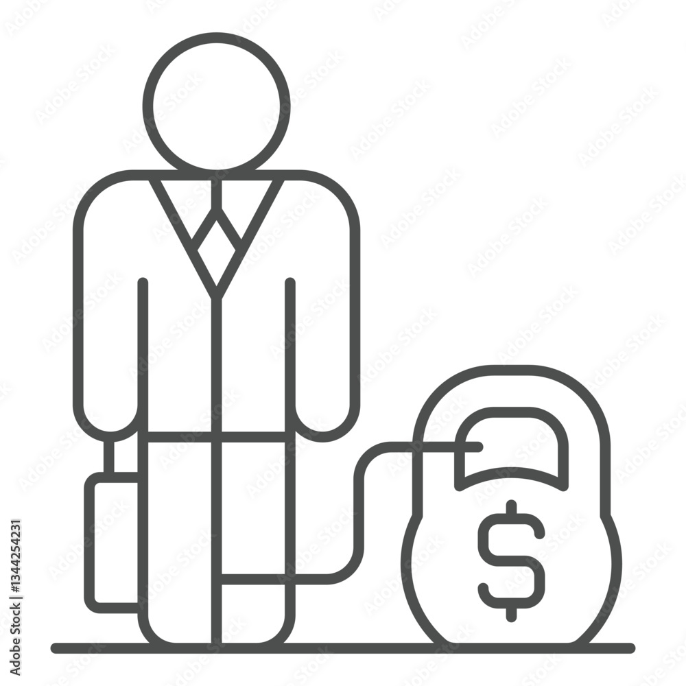Poster kettlebell and man with briefcase thin line icon, global sanctions concept. vector graphics. dollar 