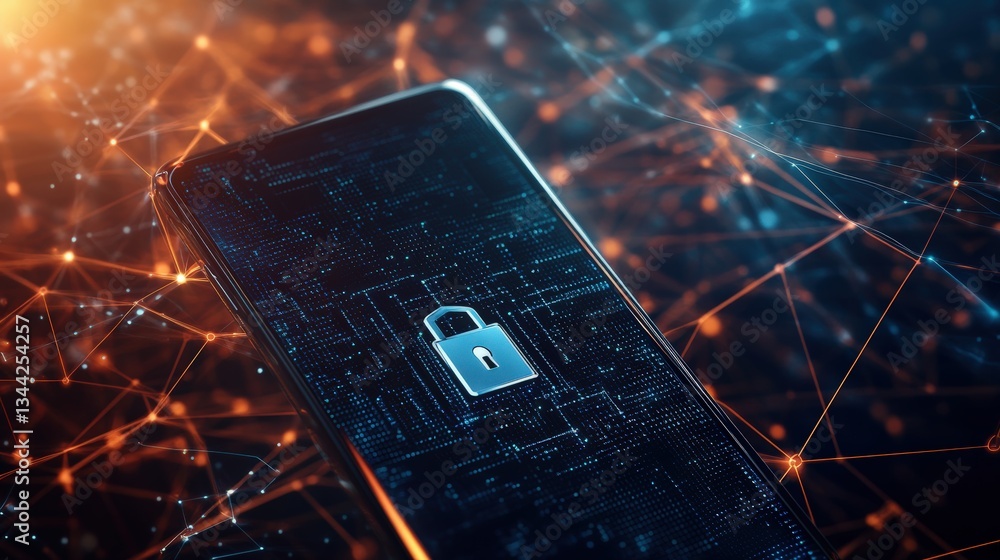 Poster smartphone with padlock icon on circuit board, representing mobile device security in complex networ