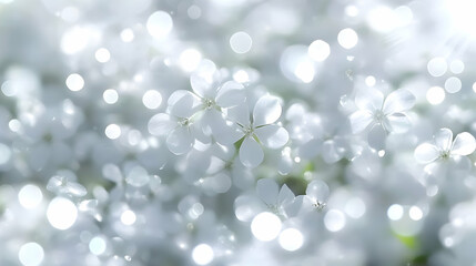 Obraz premium Delicate white flowers bokeh background, perfect for spring or wedding themes. Soft focus and dreamy aesthetic.