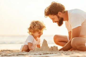 Father and son building sandcastle on beach during sunset, smiling and enjoying time together