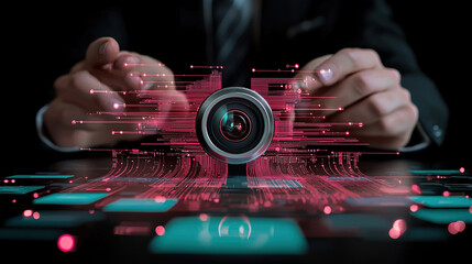 Businessman interacts with futuristic camera