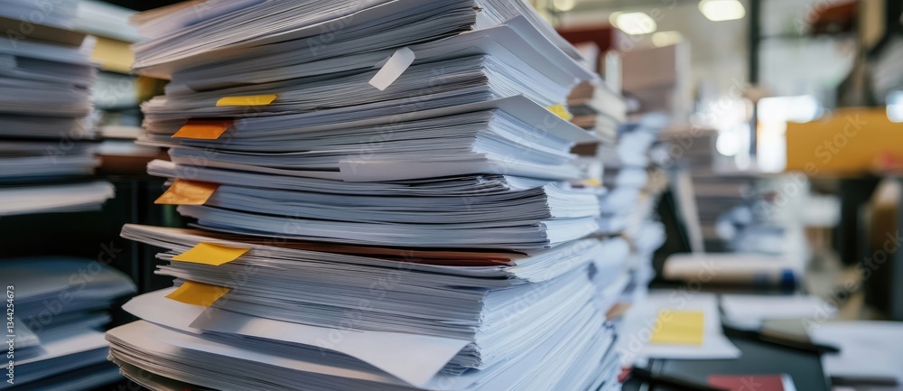 Poster a cluttered stack of papers, marked with colorful sticky notes, represents disorganization and the b