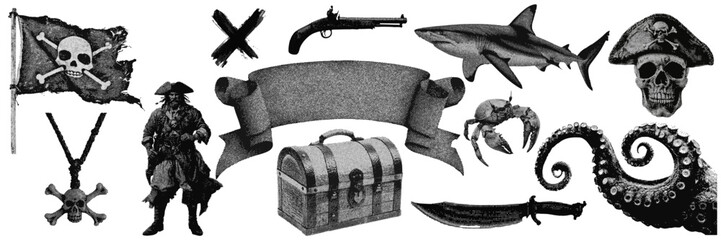 Set of pirate halftone grunge vector design elements