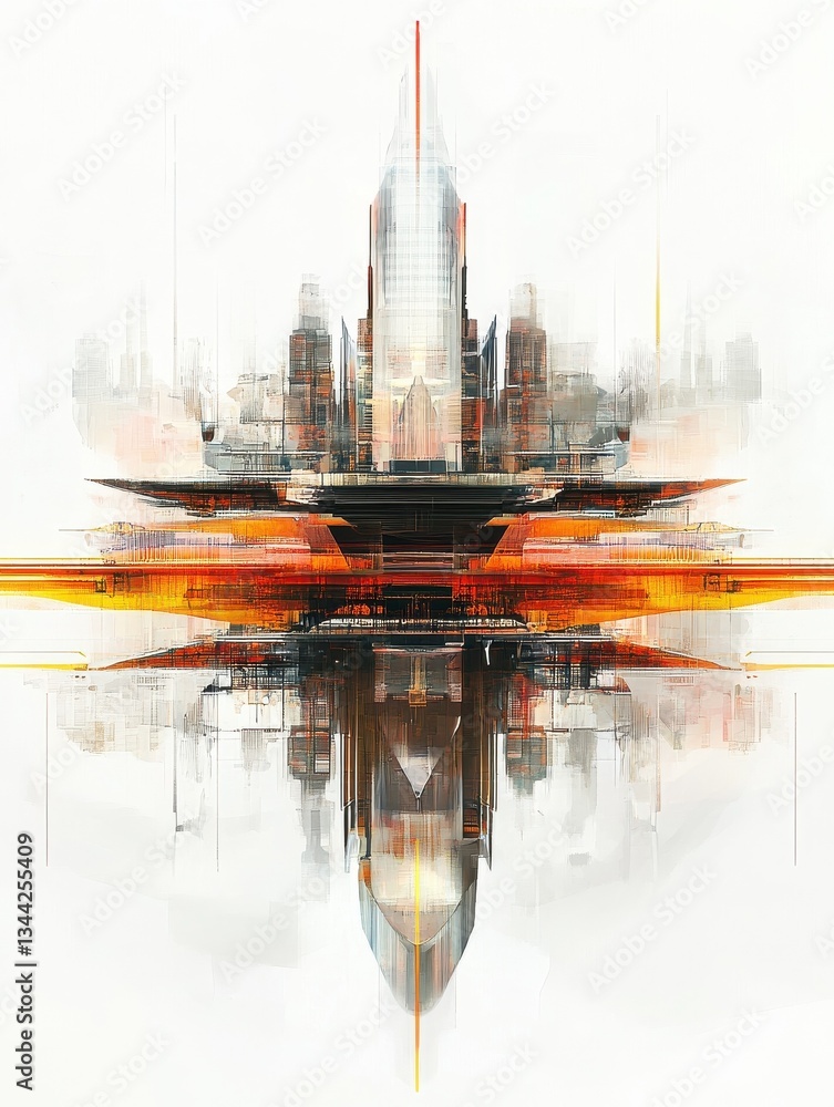Poster abstract illustration of a city with a large building in the center and a reflection below.