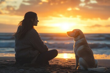 Woman sits cross legged with dog on beach. Ocean waves roll as sun sets, casting light across sand. Golden hour.