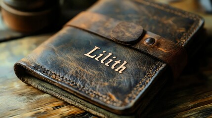 A leather bound book with the name Lilith embossed on the cover