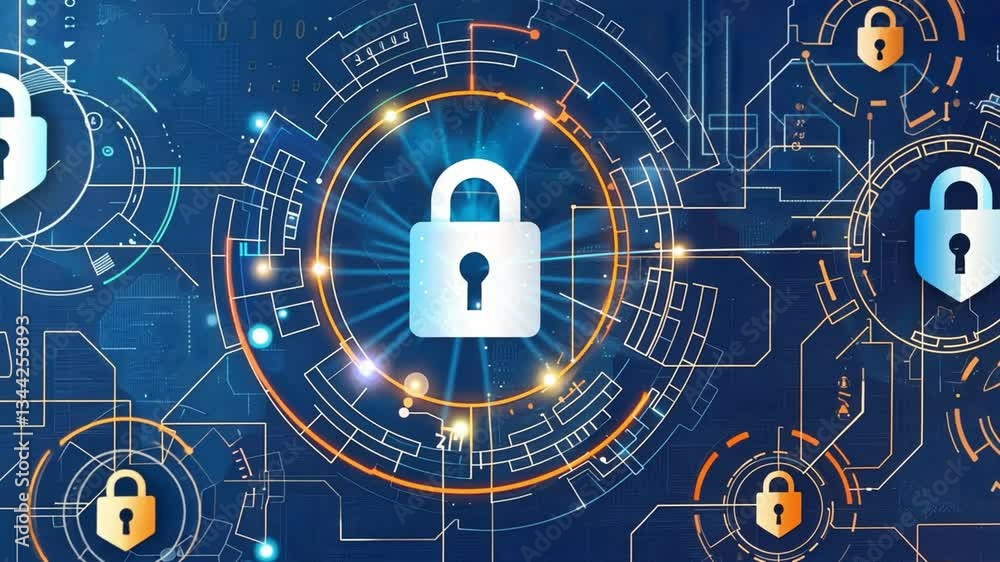 Poster digital illustration of padlock symbolizes cybersecurity with futuristic circuit patterns and glowin