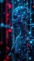 An artistic representation of a cybernetic human surrounded by digital technology, emphasizing cybersecurity and advanced tech themes.