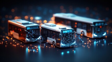 Futuristic digitally connected white and grey buses in a dark setting illuminated by glowing orange and blue network nodes showcasing modern transport technology
