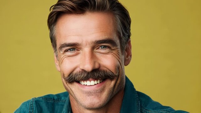 Smiling mature man with handlebar mustache against yellow background. Genuine happiness with crinkled eyes. Positive aging, men's grooming, confidence. Father's Day, men's health.