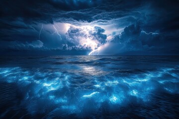 Fototapeta premium Ocean waves glowing blue at night. Lightning strikes behind dark storm clouds over the sea. Dramatic night seascape with glowing water.