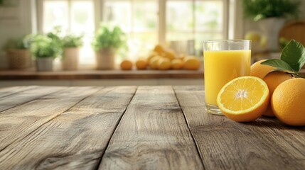 Glass of orange juice on wooden table with oranges and kitchen background.
