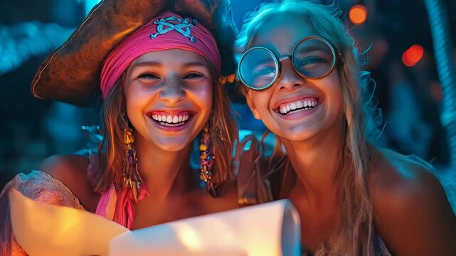 Joyful pirate theme party with laughter and adventure among friends
