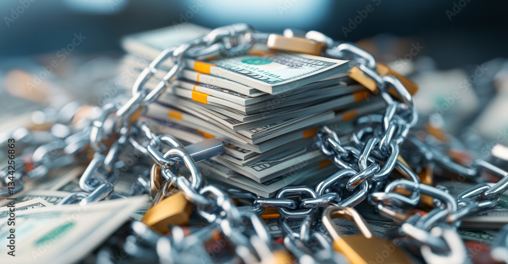 Fototapete Stacks of cash are surrounded by chains and padlocks, emphasizing the importance of security and privacy in financial matters. This setup highlights measures for protecting money effectively.