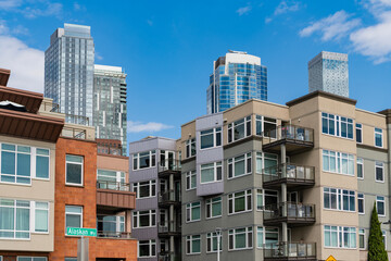 Urban cityscape. Skyscraper in city downtown. City architecture. Office building in business district. Residential building. Skyscraper building architecture. Skyscraper cityscape skyline. High rise