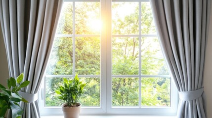 Golden hour sunlight illuminates a peaceful window view of potted plants and spring greenery, creating a calming vibe