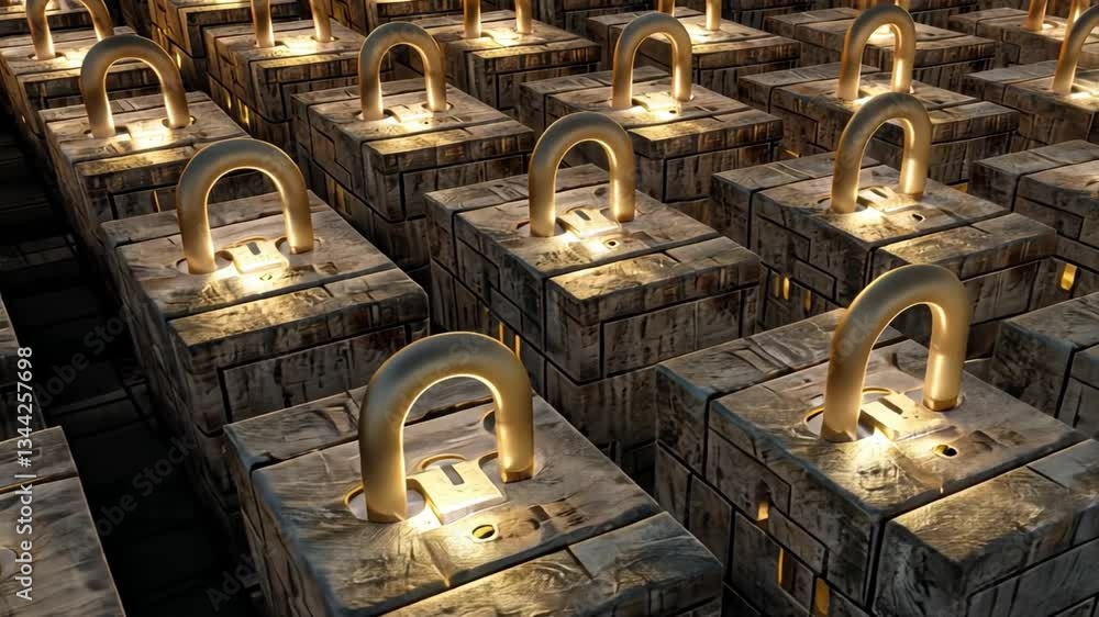 Poster series of illuminated padlocks embedded in textured stone mysterious and secure atmosphere with warm