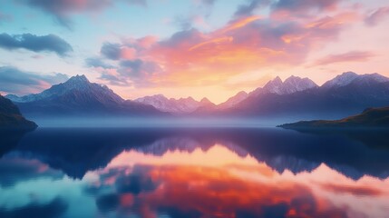 A sunset over a calm lake, colorful reflections on the water, mountains on the background, landscape photography, wallpaper