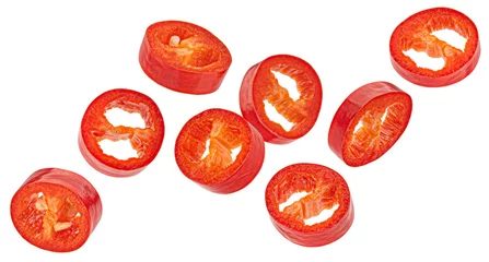 Gardinen Chilischoten Falling red chili pepper slices isolated on white background  © xamtiw