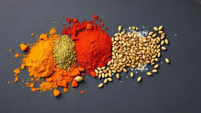 Vibrant Red Orange Yellow and Green Spices and Seeds Arranged on Dark Grey Background