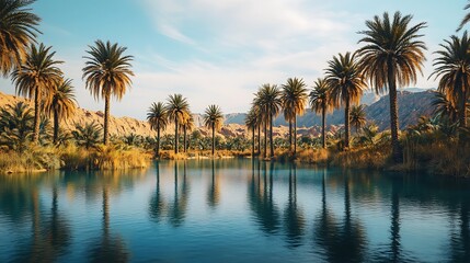 Obraz premium Beautiful oasis nestled in the desert with lush greenery and water high resolution wallpaper