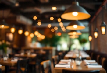 Generative AI, Atmospheric Interior of a Restaurant with Warm Lighting and Abstract Bokeh Effects Creating an Inviting Ambience