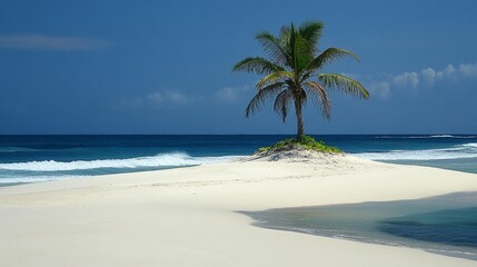 Lone palm tree on a small, idyllic, white sand island with turquoise ocean under a vibrant blue sky.
