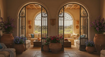 Inviting Mediterranean Style Living Room with Garden View and Floral Accents