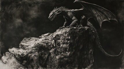 Dragon perched on rock, dramatic lighting. Dark fantasy scene. Possible use Fine art print