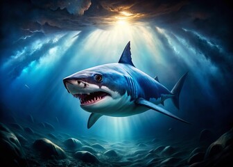 Fototapeta premium Mysterious Deep Sea Shark: Oil Painting Portrait of a Lurking Predator