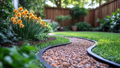 Vibrant yellow daffodils bloom near a curved garden path. Perfect for landscaping, gardening, and spring themes.