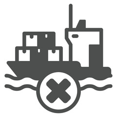 Cargo delivery vessel forbidden solid icon, global sanctions concept. Vector graphics. Shipping product prohibited sign on white background, glyph style icon for mobile or web design.
