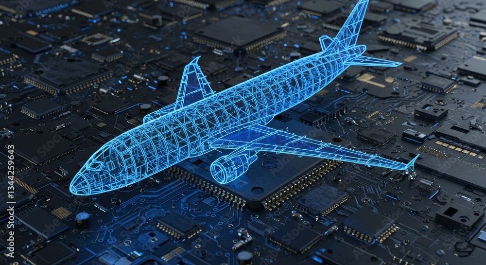 Poster airplane model on circuit board - a wireframe model of an airplane rests on a complex circuit board,