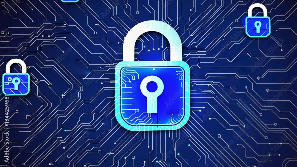 Poster digital padlock icon on blue circuit board cybersecurity, data protection, and secure technology sym