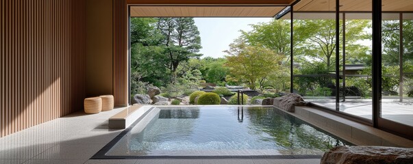 Fototapeta premium A serene indoor pool with a view of a lush garden, featuring smooth stone textures and large glass windows that invite natural light.