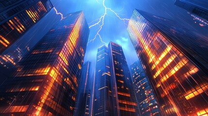 A dense urban skyline during a thunderstorm, lightning bolts striking three buildings simultaneously, reflections on glass windows