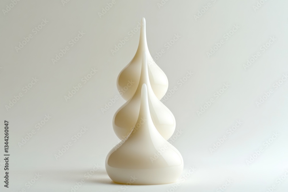 Poster three off-white, teardrop-shaped objects stacked to resemble an abstract tree.